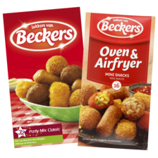 Beckers party mix classic pak à 32 stuks,
gehaktstaven pak à 4 stuks, oven & airfryer mini
snacks pak à 16 stuks of frikandellen